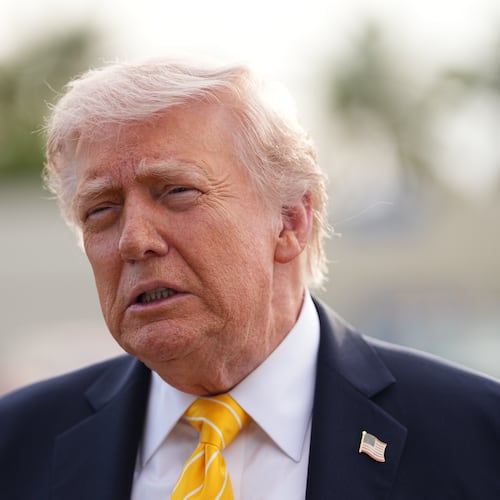 President Donald Trump talks to reporters before he boards Air Force One at Palm Beach International Airport in West Palm Beach, Fla., Saturday May 2, 2026, en route Miami. (AP Photo/Matt Rourke)