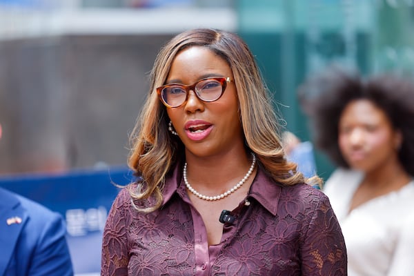 Georgia Supreme Court candidate Miracle Rankin addresses the Supreme Court's voting rights decision while outside the Fulton County Government Center on April 30, 2026. (Arvin Temkar/AJC)