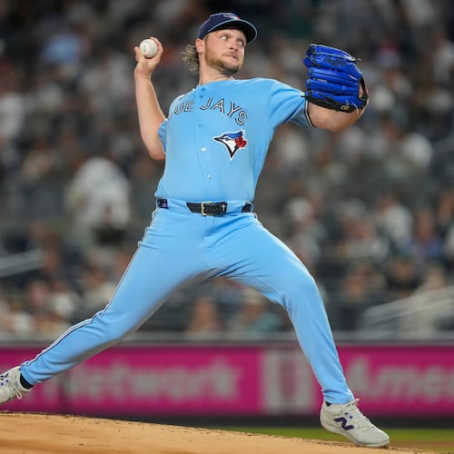 Toronto Blue Jays pitcher Trey Yesavage (39) throws during the first inning of a baseball game against the New York Yankees, Wednesday, May 20, 2026, in New York. (AP Photo/Yuki Iwamura)