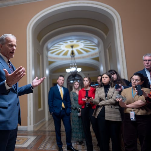 Senate Majority Leader John Thune, R-S.D., speaks to reporters after final Senate passage of the stopgap funding bill to reopen the government through Jan. 30, at the Capitol in Washington, Monday evening, Nov. 10, 2025. (AP Photo/J. Scott Applewhite)