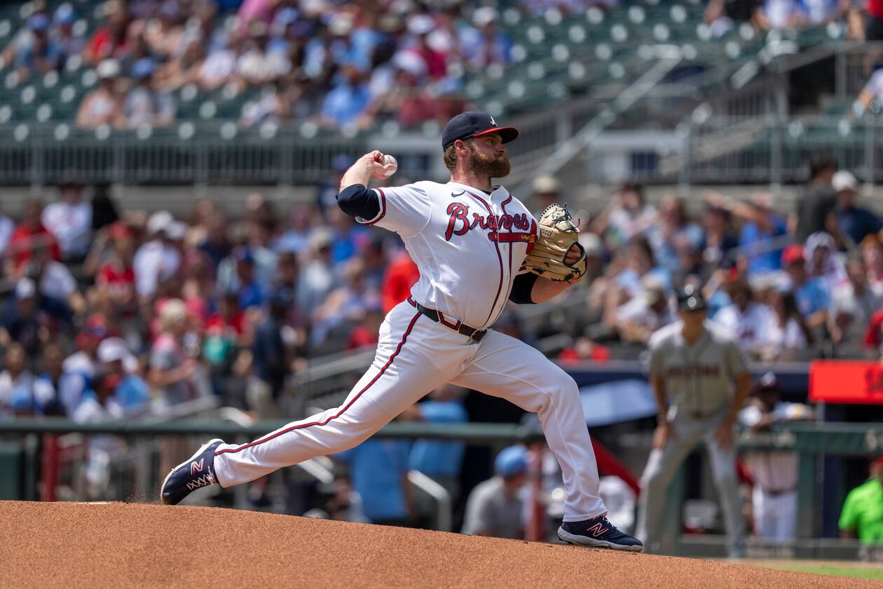 Braves pitcher Bryce Elder throws during the first inning against the Diamondbacks on Sunday, Aug. 16, 2026, in Atlanta. Elder, who gave up seven earned runs in his last start, allowed four hits and struck out five while throwing just 75 pitches on a hot Sunday. (Erik Rank/AP)