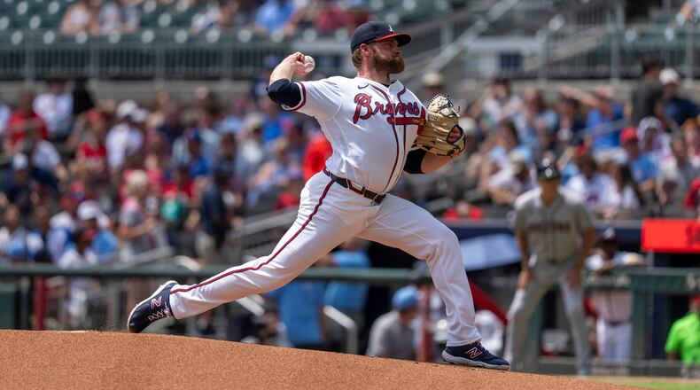 Braves pitcher Bryce Elder throws during the first inning against the Diamondbacks on Sunday, Aug. 16, 2026, in Atlanta. Elder, who gave up seven earned runs in his last start, allowed four hits and struck out five while throwing just 75 pitches on a hot Sunday. (Erik Rank/AP)