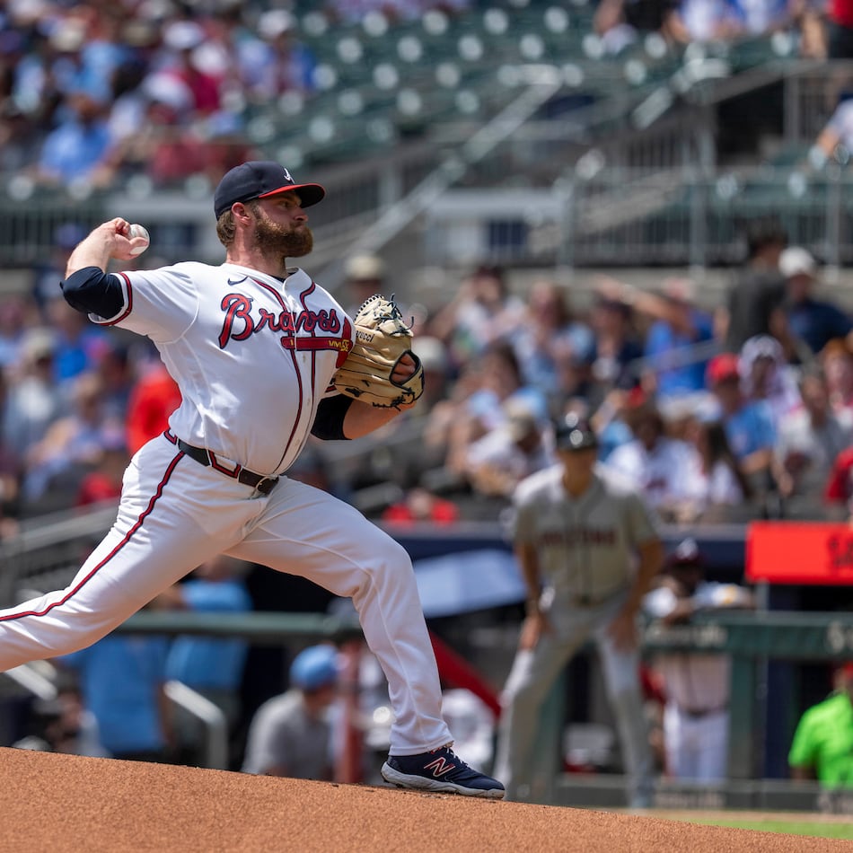 Braves pitcher Bryce Elder throws during the first inning against the Diamondbacks on Sunday, Aug. 16, 2026, in Atlanta. Elder, who gave up seven earned runs in his last start, allowed four hits and struck out five while throwing just 75 pitches on a hot Sunday. (Erik Rank/AP)