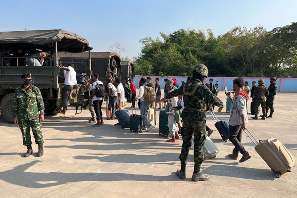 FILE - In this photo released by Royal Thai Army, more than 250 people from 20 nations who were reportedly rescued from alleged scam centers in Myanmar, as they crossed into Thailand's Tak province on Feb. 12, 2025. (Royal Thai Army, by Army Spokesperson via AP, File)