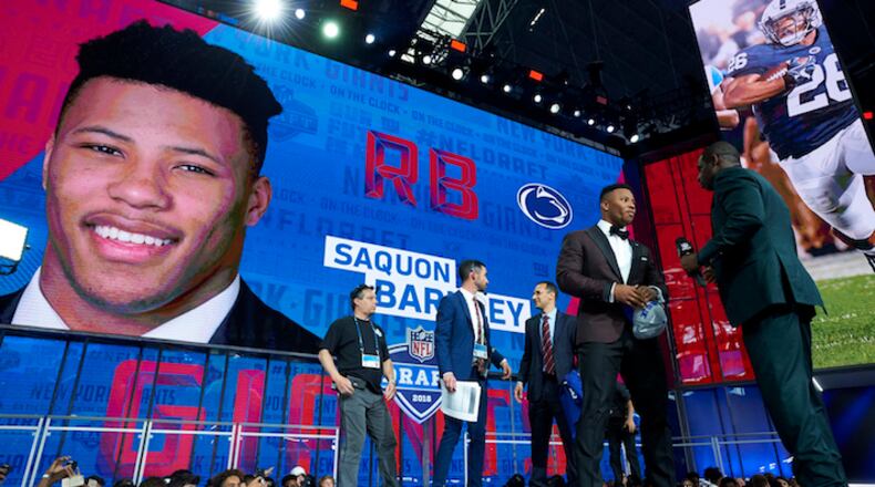 The Penn State running back Saquon Barkley is selected by the New York Giants with the second pick of the 2018 NFL Draft, at AT&T Stadium in Arlington, Texas, April 26, 2018. (Cooper Neill/The New York Times)