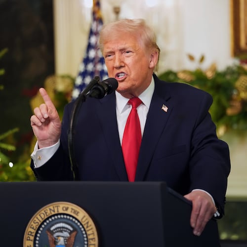 President Donald Trump speaks during an address to the nation from the Diplomatic Reception Room at the White House, Wednesday, Dec. 17, 2025, in Washington. (Doug Mills/The New York Times via AP, Pool)