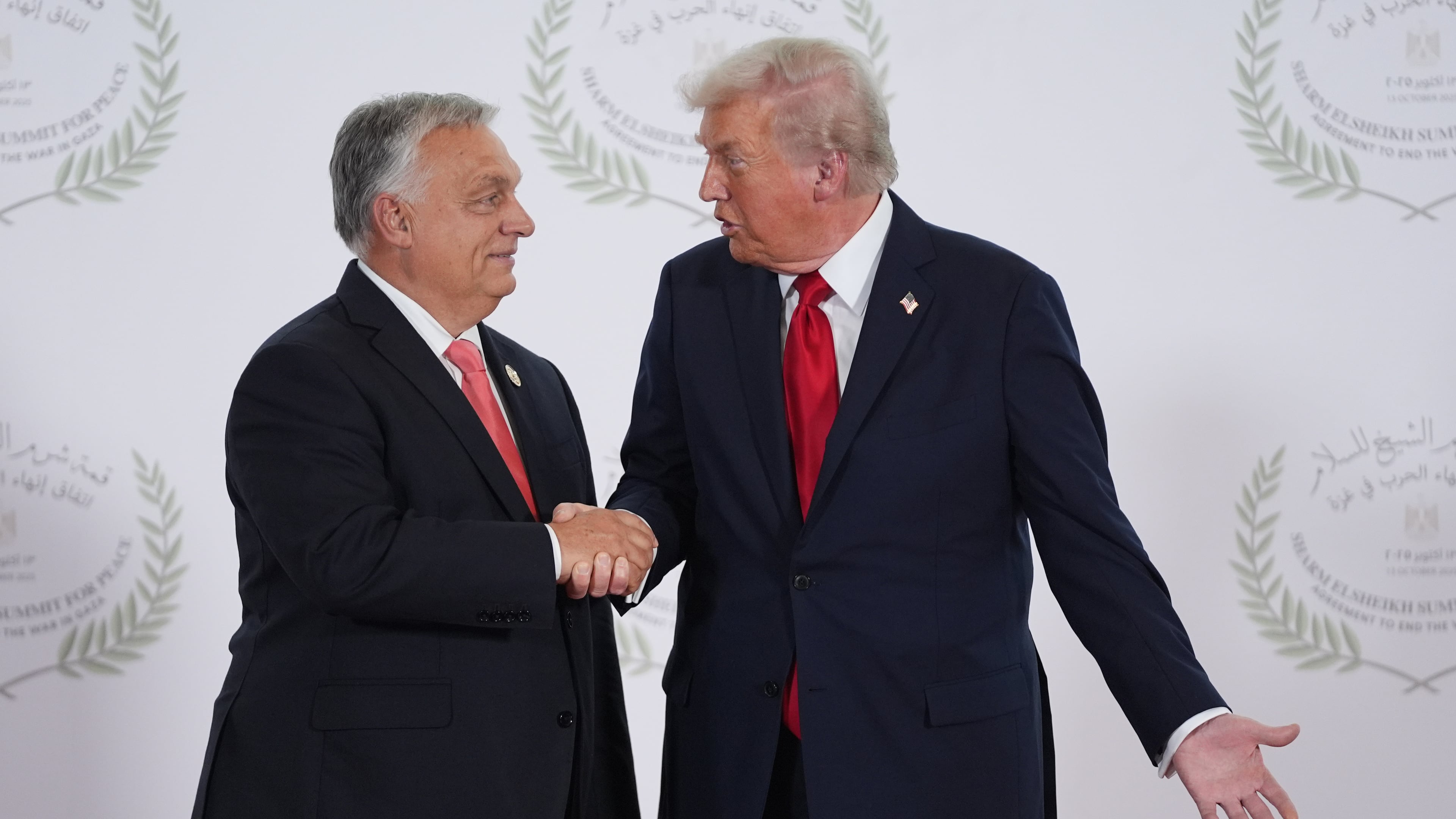 President Donald Trump greets Hungary's Prime Minister Viktor Orban during a summit to support ending the more than two-year Israel-Hamas war in Gaza after a breakthrough ceasefire deal, Monday, Oct. 13, 2025, in Sharm El Sheikh, Egypt. (AP Photo/Evan Vucci, Pool)