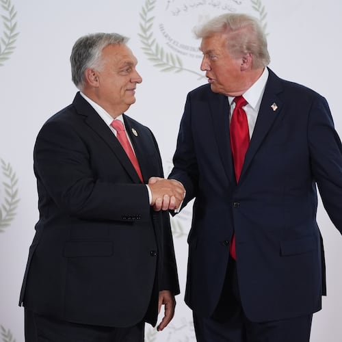 President Donald Trump greets Hungary's Prime Minister Viktor Orban during a summit to support ending the more than two-year Israel-Hamas war in Gaza after a breakthrough ceasefire deal, Monday, Oct. 13, 2025, in Sharm El Sheikh, Egypt. (AP Photo/Evan Vucci, Pool)