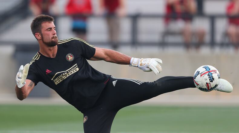 June 14, 2017, Kennesaw: Atlanta United goalkeeper Alec Kann prepares to play the Charleston Battery in the Lamar Hunt U.S. Open Cup fourth round at 5th Third Bank Stadium on Wednesday, June 14, 2017, in Kennesaw.    Curtis Compton/ccompton@ajc.com