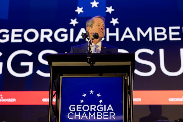 Gov. Brian Kemp spoke at the Georgia Chamber's annual Eggs & Issues breakfast at Mercedes-Benz Stadium in Atlanta on Wednesday. (Arvin Temkar/AJC)