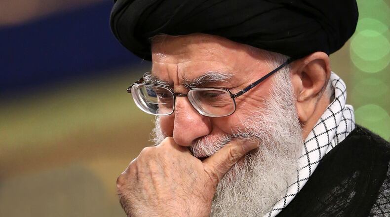 FILE - In this photo released by an official website of the office of the Iranian supreme leader, Supreme Leader Ayatollah Ali Khamenei listens to a speaker during a meeting with a group of university students in Tehran, Iran, May 28, 2018. (Office of the Iranian Supreme Leader via AP, File)