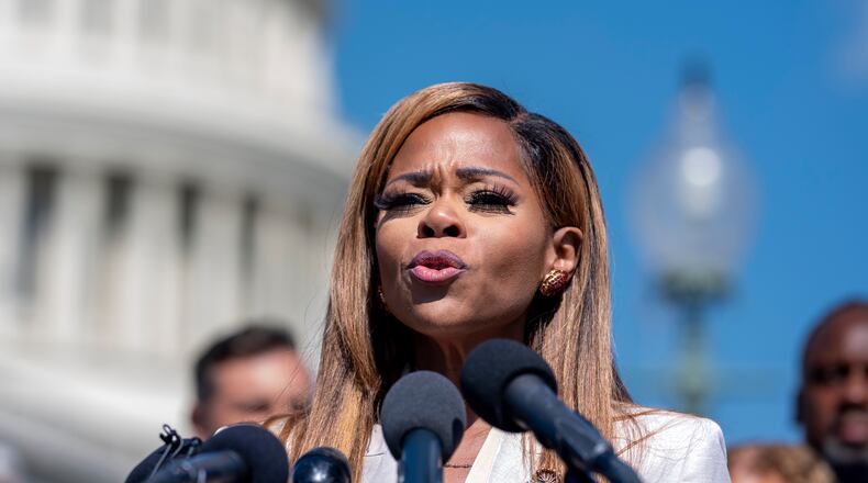 FILE - Rep. Sheila Cherfilus-McCormick, D-Fla., condemns hate speech and misinformation about Haitian immigrants, at the Capitol in Washington, Sept. 20, 2024. (AP Photo/J. Scott Applewhite, File)