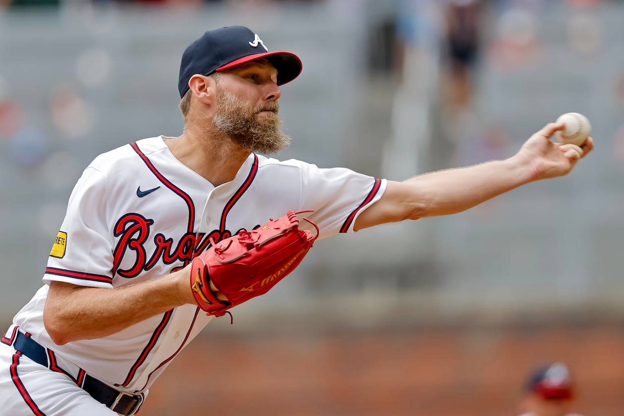 Braves starter Chris Sale delivers a pitch to a Padres batter on Thursday, July 23, 2026, in Atlanta. Sale struck out 11 hitters to match a season high. (Erik S. Lesser/AP)