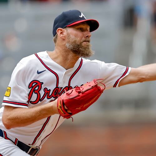 Braves starter Chris Sale delivers a pitch to a Padres batter on Thursday, July 23, 2026, in Atlanta. Sale struck out 11 hitters to match a season high. (Erik S. Lesser/AP)