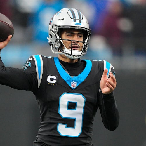 Carolina Panthers quarterback Bryce Young passes against the Seattle Seahawks during the second half of an NFL football game, Sunday, Dec. 28, 2025, in Charlotte, N.C. (AP Photo/Jacob Kupferman)