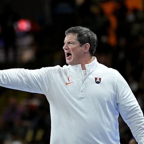Atlanta Dream head coach Karl Smesko shouts instructions during the second half in a WNBA basketball game at Gateway Center Arena on Friday, May 22, 2026, in Atlanta. Atlanta Dream won 86-69 over Dallas Wings. (Hyosub Shin/AJC)