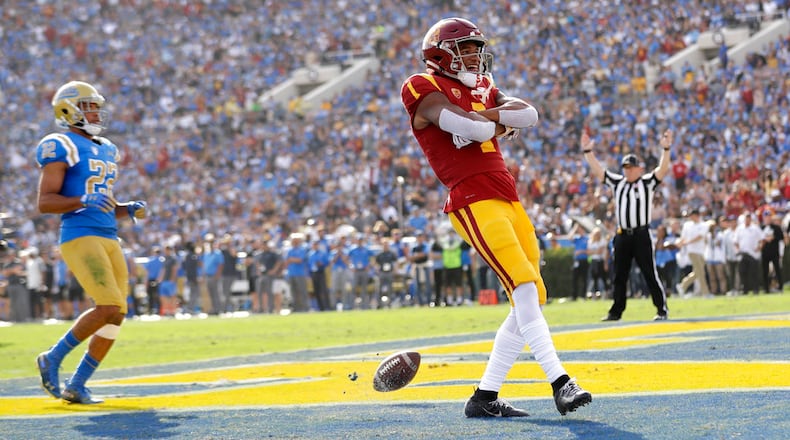 Southern California wide receiver Velus Jones Jr. celebrates his touchdown reception against UCLA during the first half of an NCAA college football game Saturday, Nov. 17, 2018, in Pasadena, Calif. (AP Photo/Marcio Jose Sanchez)