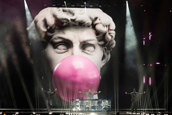 Gabry Ponte from San Marino performs the song "Tutta L'Italia" during the dress rehearsal for the Grand Final of the 69th Eurovision Song Contest, in Basel, Switzerland, Friday, May 16 2025. (AP Photo/Martin Meissner)