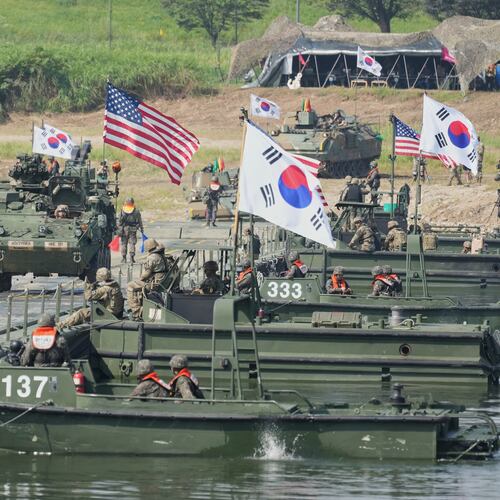 FILE - A vehicle from U.S. Army's the Stryker Combat Team crosses a floating bridge on the Namhan River during the combined river-crossing drill between South Korea and the United States as a part of the Ulchi Freedom Shield 25 in Yeoju, South Korea, Aug. 27, 2025. (AP Photo/Lee Jin-man, File)