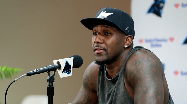 Carolina Panthers Thomas Davis answers a question during a news conference at NFL football training camp at Wofford College in Spartanburg, S.C., Wednesday, July 26, 2017. (AP Photo/Chuck Burton)