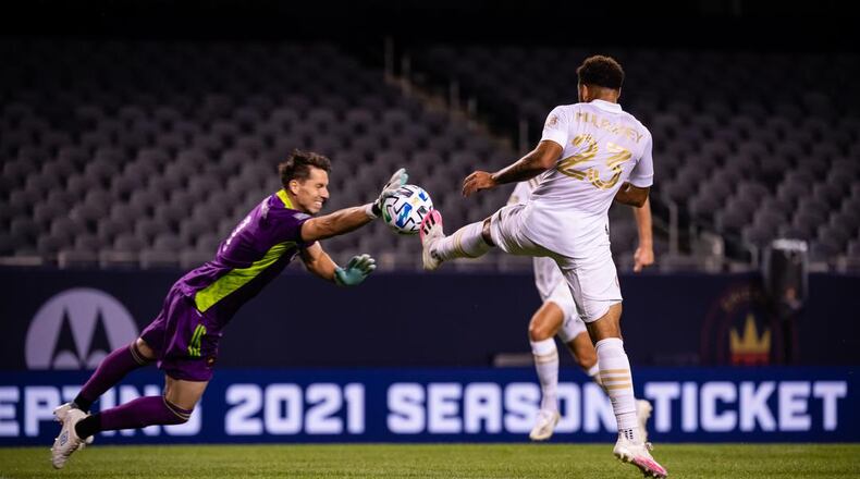 Chicago goalkeeper Bobby Shuttleworth denies Atlanta United midfielder Jake Mulraney during the Fire's 2-0 win Sunday, Sept. 27, 2020, at Soldier Field in Chicago. (Atlanta United)