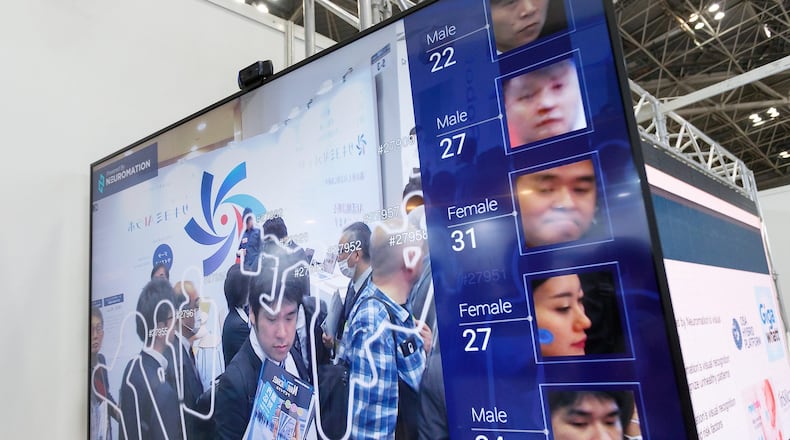 A facial recognition system shows visitors’ faces and ages during the 2nd AI Expo at Tokyo Big Sight on April 5, 2018, Tokyo, Japan. (Rodrigo Reyes Marin/AFLO/Zuma Press/TNS)