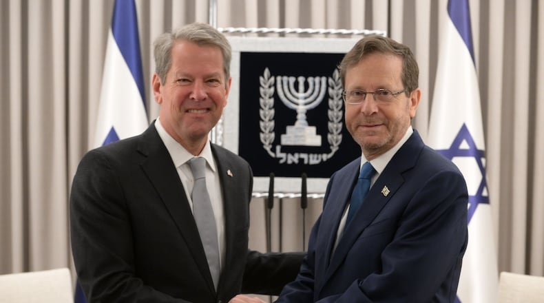 Gov. Brian Kemp meets with Israeli President Isaac Herzog in the President's Residence in Jerusalem on Sunday, May 21, 2023. (Amos Ben Gershom/GPO)