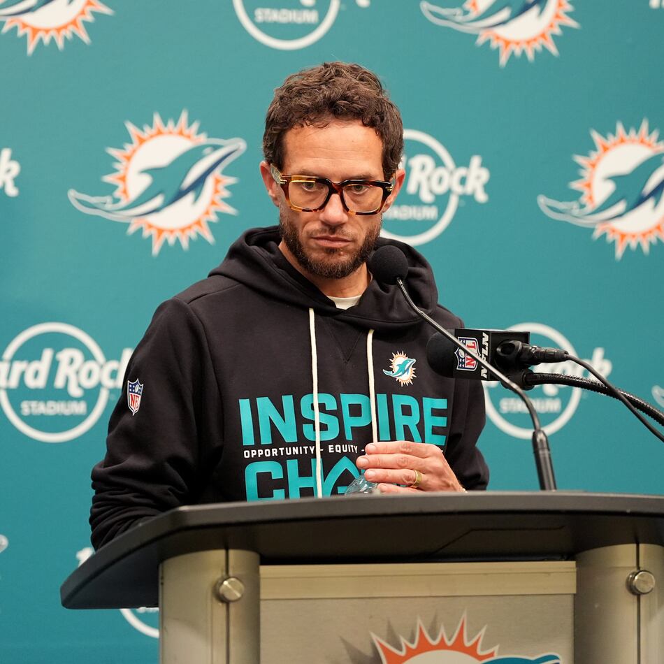 Miami Dolphins head coach Mike McDaniel speaks during a news conference after an NFL football game against the Tampa Bay Buccaneers, Sunday, Dec. 28, 2025, in Miami Gardens, Fla. (AP Photo/Rebecca Blackwell)