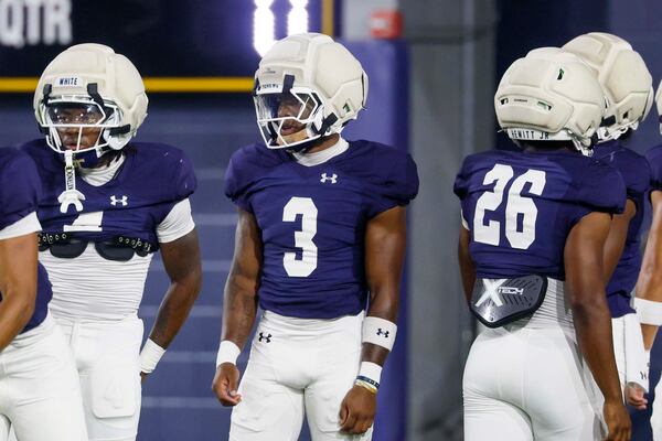 Georgia Tech cornerback Jaylen Mbakwe (center) looks on during a practice at the practice facility in Atlanta on Tuesday, August 18, 2026. (Miguel Martinez/AJC)