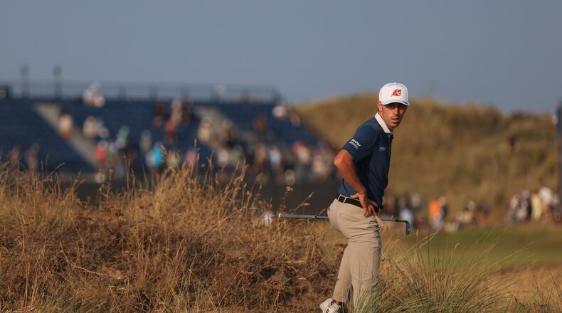 David Puig of Spain looks back before he plays on the 13th during the second day of the British Open Golf championships at Royal Birkdale golf club, in Southport, England, Friday, July 17, 2026. (AP Photo/Peter Morrison)