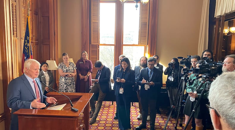 Georgia House Speaker Jon Burns addresses reporters on Wednesday, Jan. 10, 2024, in the first week of the legislative session.  He spoke openly of looking at Medicaid expansion. (Ariel Hart/ariel.hart@ajc.com)