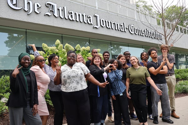 The AJC's summer 2026 intern class from left to right: Yacine Ba (Ida B. Wells), K'mari Greene (UATL), Nila Roper (Education), Tierra Stone (Ida B. Wells), Sophia Eppley (Politics), Carson Bonner (Business), Christopher T. Frazier (Ida B. Wells), Andre Butso (Breaking News), Domonique King (Investigation), Kaitlyn Harvey (Lifestyle), Shimei Cook (Ida B. Wells), Briley Johnston (Archives), Kevin Pernell (Ida B. Wells), Alex Nettles (Breaking News), Elijah Megginson (Local News). (Ernie Suggs/AJC)