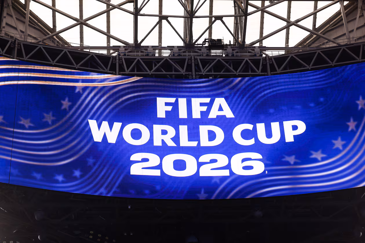 A sign for the FIFA World Cup is seen under the roof at Mercedes-Benz Stadium in Atlanta on May 21, 2026. (Arvin Temkar/AJC)
