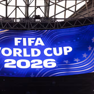 A sign for the FIFA World Cup is seen under the roof at Mercedes-Benz Stadium in Atlanta on May 21, 2026. (Arvin Temkar/AJC)