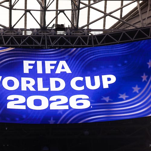 A sign for the FIFA World Cup is seen under the roof at Mercedes-Benz Stadium in Atlanta on May 21, 2026. (Arvin Temkar/AJC)
