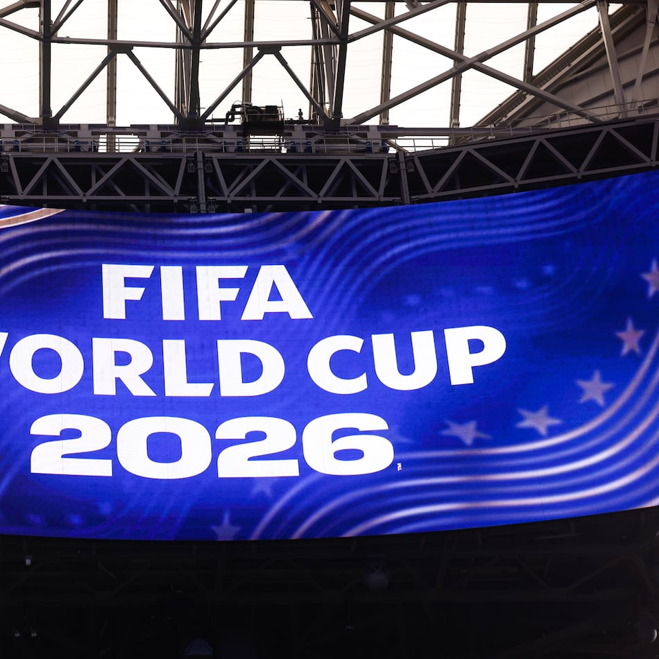 A sign for the FIFA World Cup is seen under the roof at Mercedes-Benz Stadium in Atlanta on May 21, 2026. (Arvin Temkar/AJC)