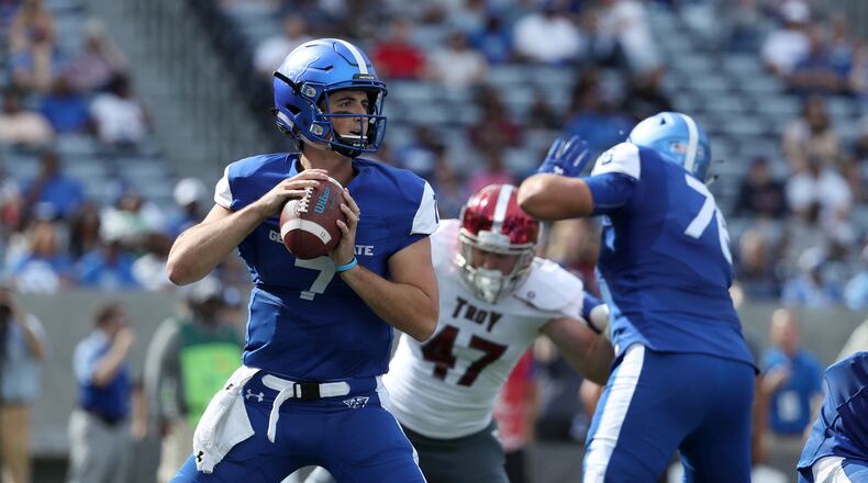 October 21, 2017 - Atlanta, Ga: Georgia State Panthers quarterback Conner Manning (7) attempts a pass in the second quarter of their game against the Troy Trojans at GSU Stadium Saturday, October 21, 2017, in Atlanta.. PHOTO / JASON GETZ