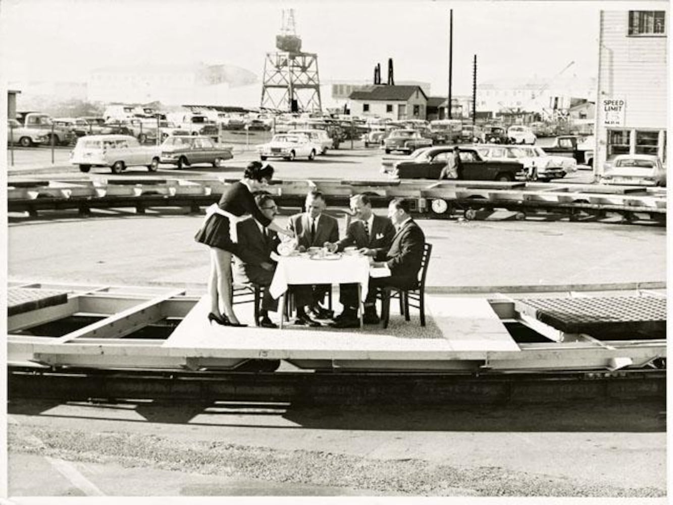 "The Eye of the Needle restaurant's rotating turntable gets a test run at Western Gear Corporation's Everett plant."