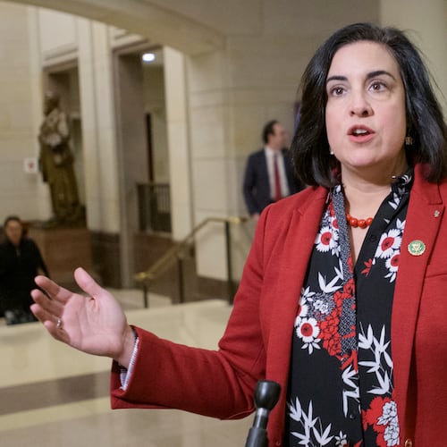 FILE - Rep. Nicole Malliotakis, R-N.Y., talks to reporters following a meeting for President-elect Donald Trump's picks for the planned Department of Government Efficiency at the Capitol, Dec. 5, 2024, in Washington. (AP Photo/Rod Lamkey, Jr., File)