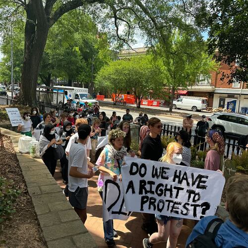 Demonstrators protesting the Israel-Hamas war gather at the University of Georgia in Athens in April 2024. (Fletcher Page/AJC 2024)