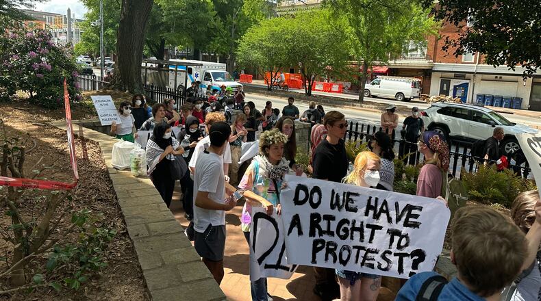 Demonstrators protesting the Israel-Hamas war gather at the University of Georgia in Athens in April 2024. (Fletcher Page/AJC 2024)