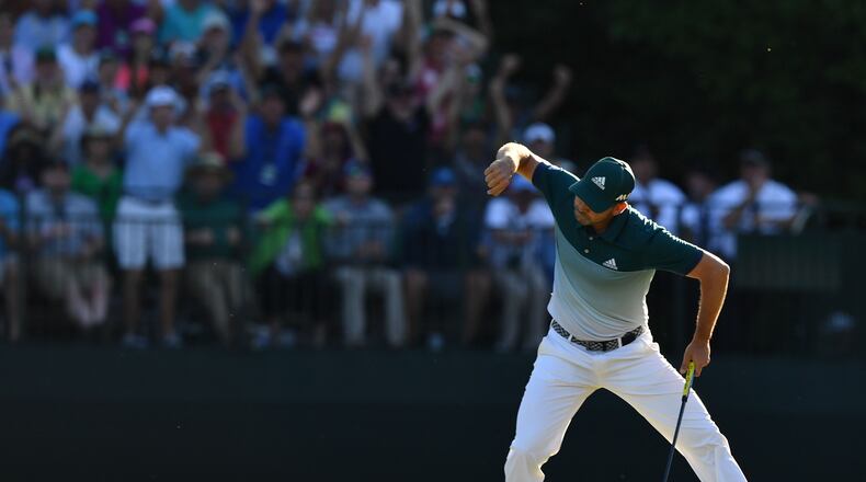 Sergio Garcia reacts to an eagle on the 15th hole, putting him at 9-under. Play begins in the final round of the 81st Masters tournament at the Augusta National Golf Club, Sunday, April 9, 2017. BRANT SANDERLIN / SPECIAL