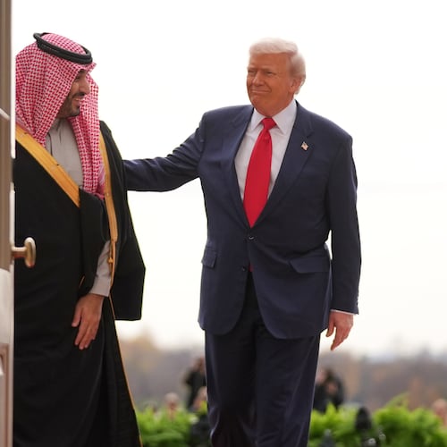 President Donald Trump welcomes Saudi Arabia's Crown Prince Mohammed bin Salman to the White House, Tuesday, Nov. 18, 2025, in Washington. (AP Photo/Evan Vucci)