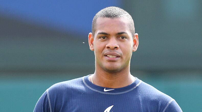 Braves left fielder Hector Olivera, arrested last week on an assault and battery charge involving a woman, had his paid leave extended two weeks by MLB as it continues its investigation. (Curtis Compton / ccompton@ajc.com)