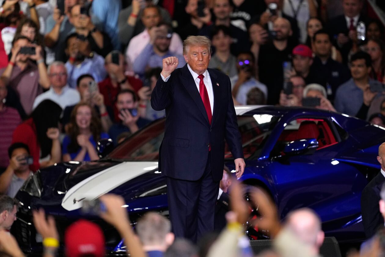 President Donald Trump arrives to speak at an event at the General Motors Proving Ground Monday, July 27, 2026, in Milford, Mich. (AP Photo/Paul Sancya)