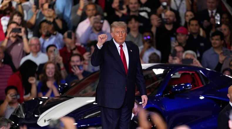 President Donald Trump arrives to speak at an event at the General Motors Proving Ground Monday, July 27, 2026, in Milford, Mich. (AP Photo/Paul Sancya)