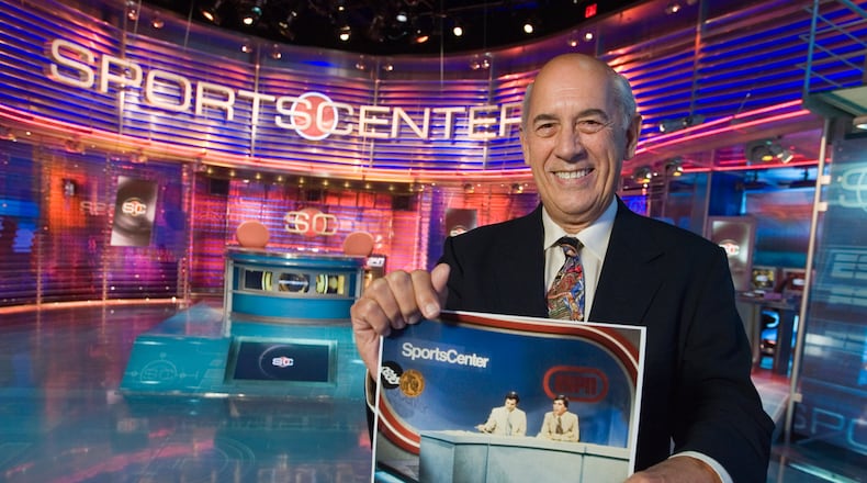 This photo provided by ESPN Images shows co-founder Bill Rasmussen on the set of SportsCenter in Bristol, Conn., Oct. 6, 2005. (Rich Arden/ESPN Images via AP)