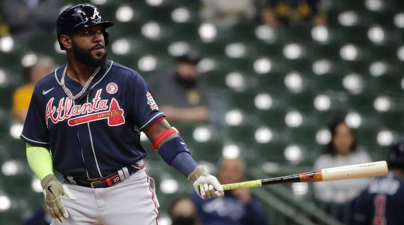 Atlanta Braves' Marcell Ozuna bats during the first inning against the Milwaukee Brewers Saturday, May 15, 2021, in Milwaukee. (Aaron Gash/AP)