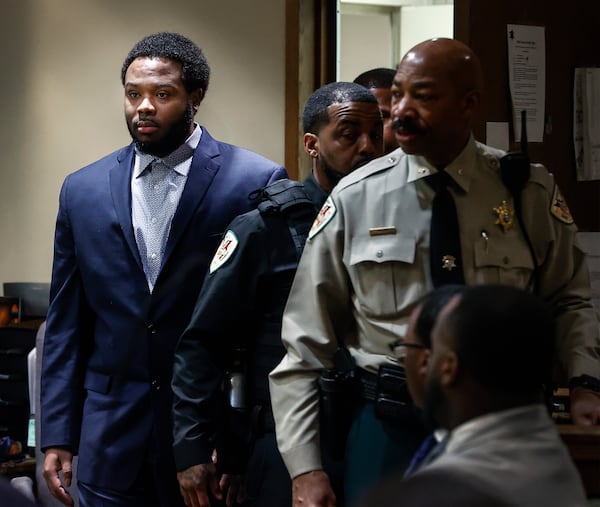 Former Memphis Police officer Demetrius Haley, left, appears in a Shelby County courtroom on Monday, April 28, 2025, to stand trial for second-degree murder in the beating death of Tyre Nichols after a 2023 traffic stop in Memphis. (Mark Weber/Daily Memphian via AP, Pool)