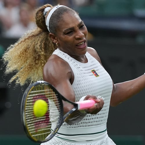 Serena Williams of the United States plays a forehand against Maya Joint of Australia in their first round women's singles match at the Wimbledon Tennis Championships in London, Tuesday, June 30, 2026. (AP Photo/Maja Smiejkowska)